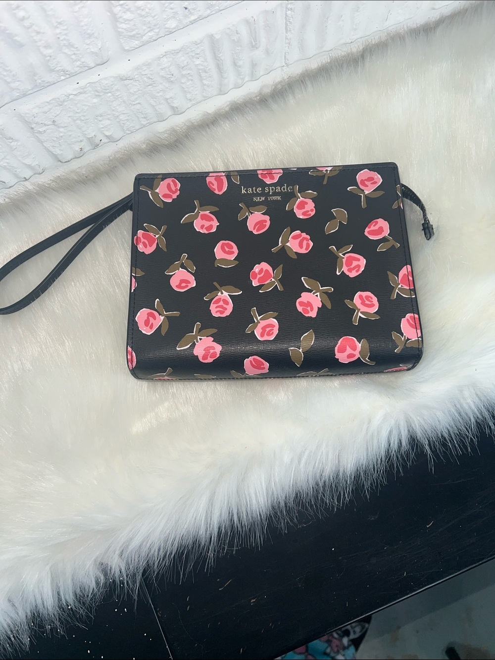 kate spade Black Floral Wristlet with Pink Roses